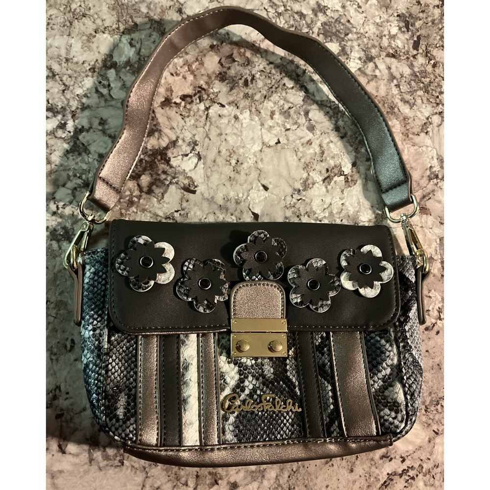 CARLOS FALCHI Faux Snakeskin Metallic Floral Small Shoulder Bag Purse Y2K Style